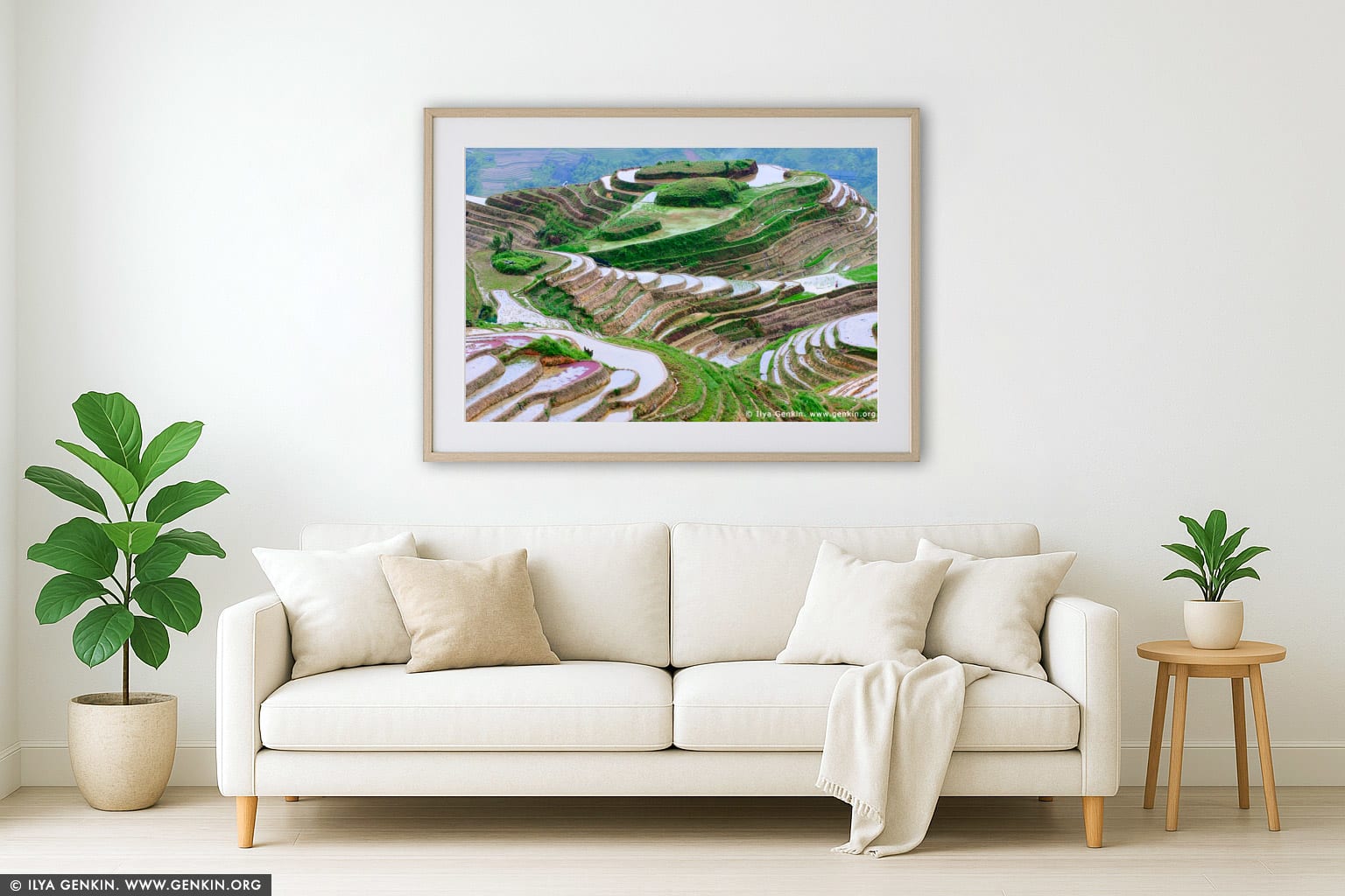 Longji Rice Terraces wall art in a modern living room interior