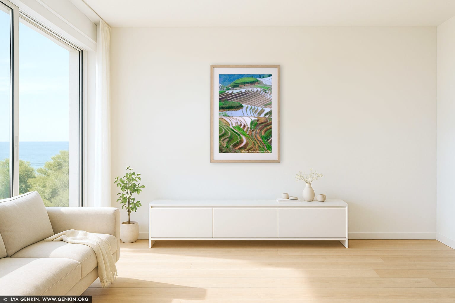 Longsheng Rice Terraces wall art in a minimalist living room interior