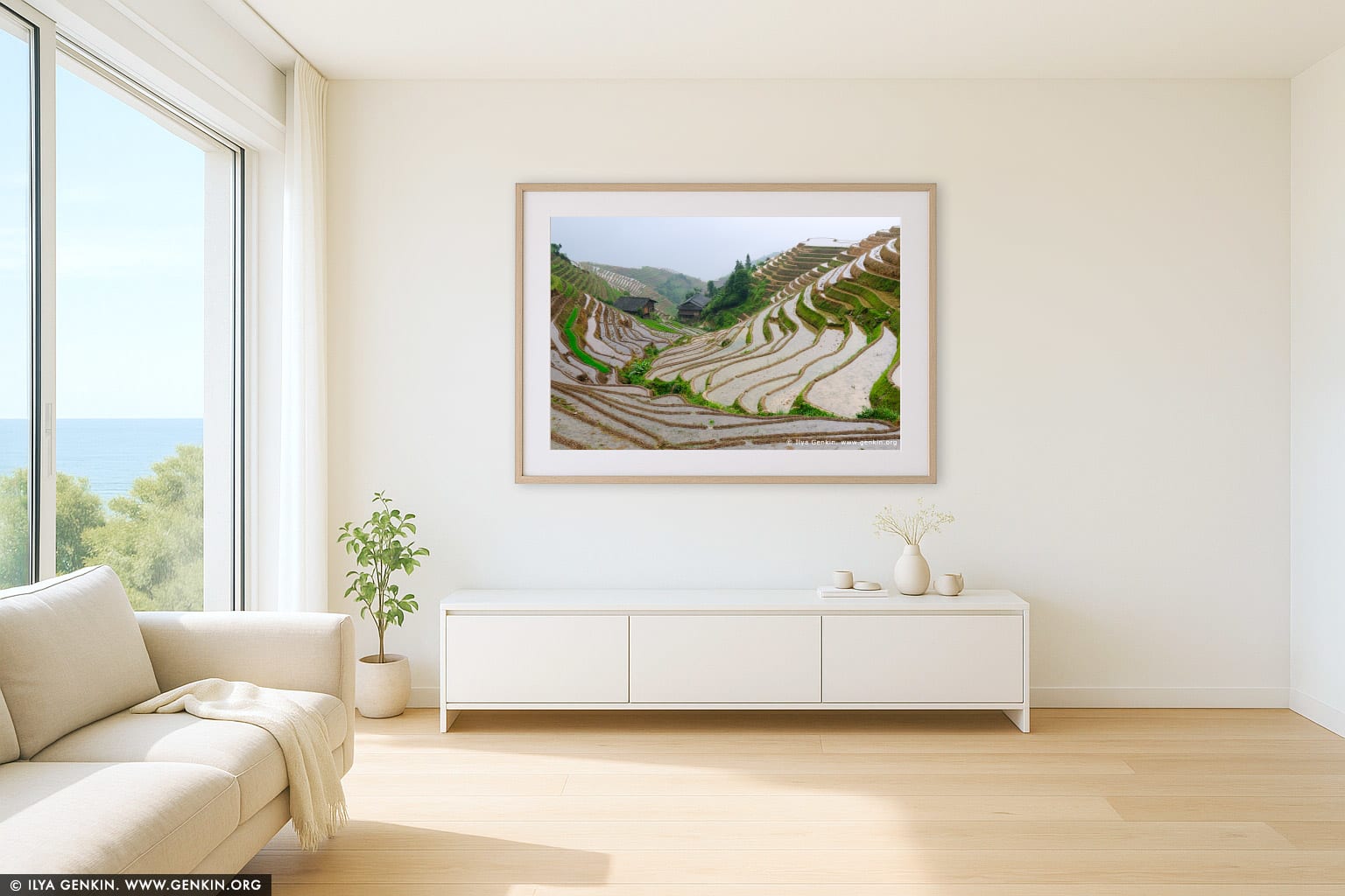Longsheng Rice Terraces wall art in a contemporary living room interior