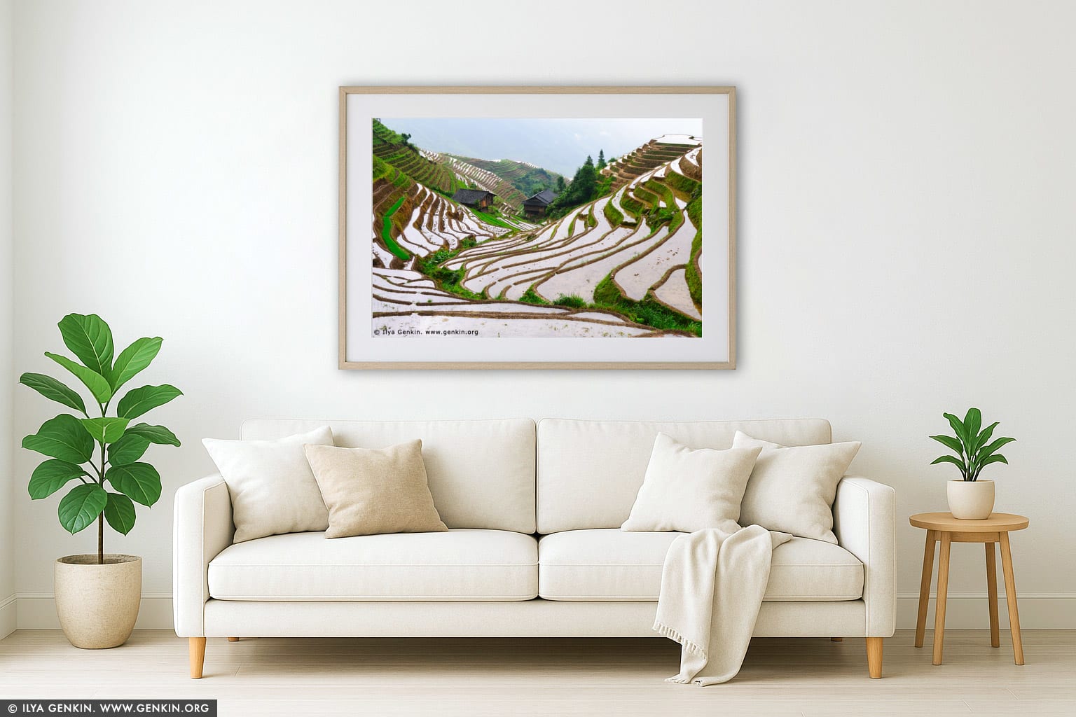 Longsheng (Longji) Rice Terraces wall art in a modern living room interior