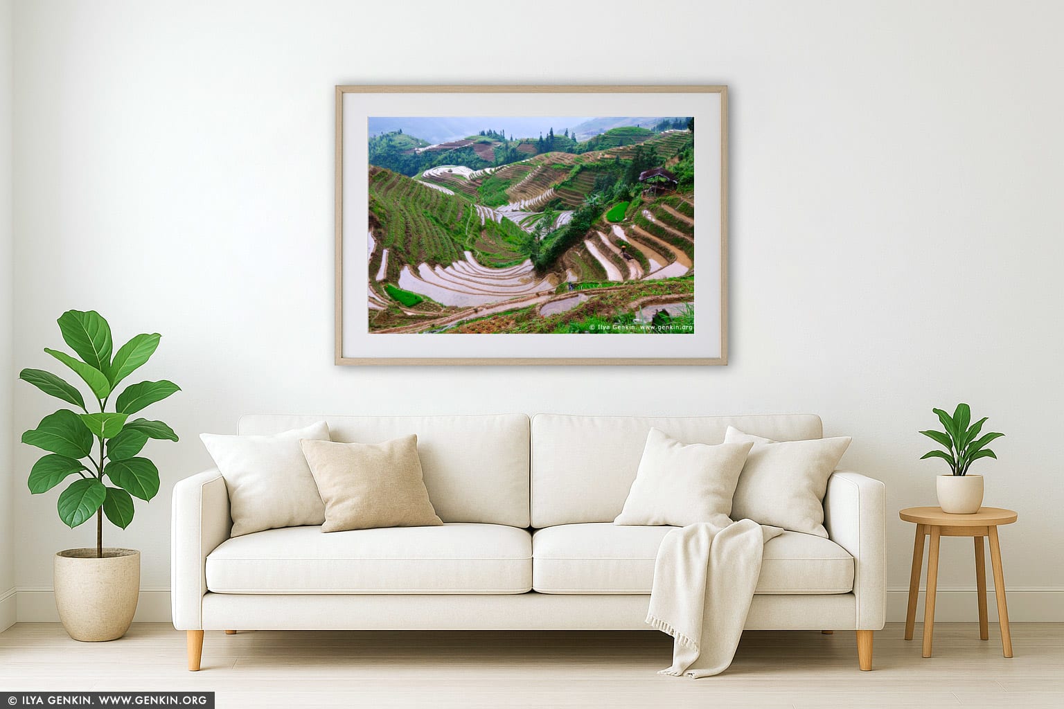 Longsheng (Longji) Rice Terraces wall art in a minimalist living room interior