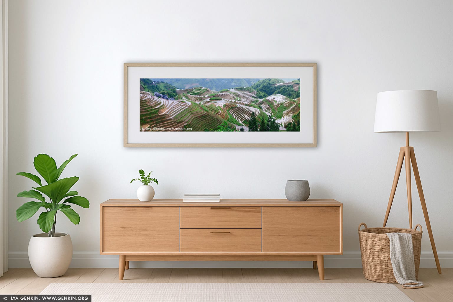 Longji Rice Terrace Fields wall art in a modern living room interior