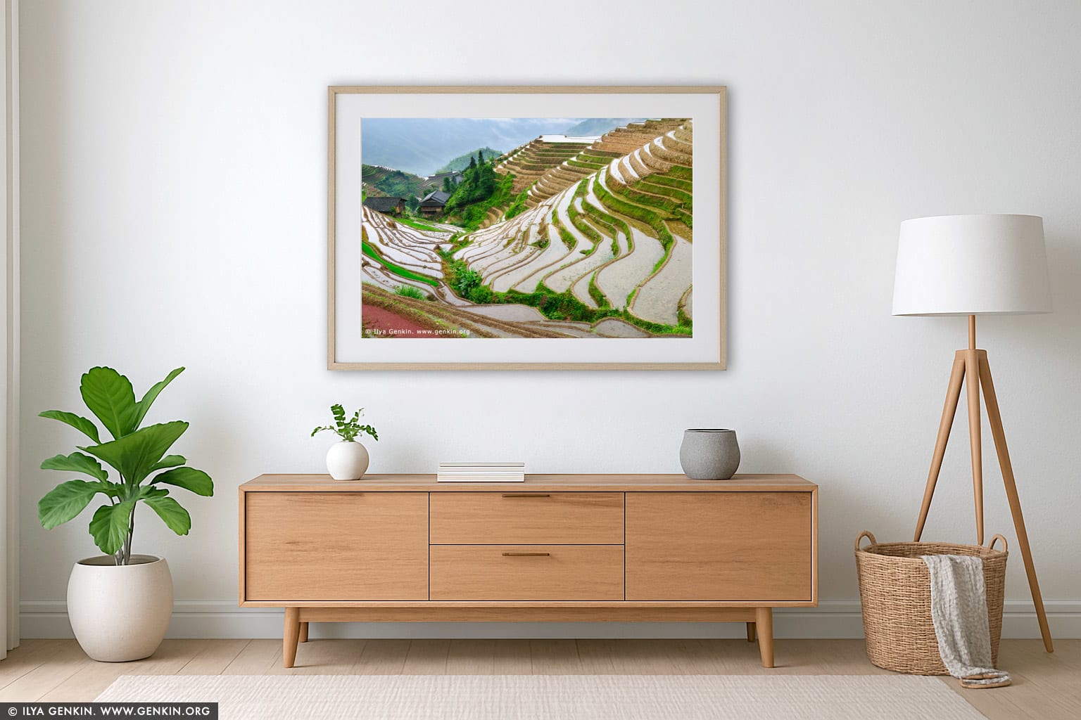 Longji Rice Terrace Fields wall art in a contemporary living room interior