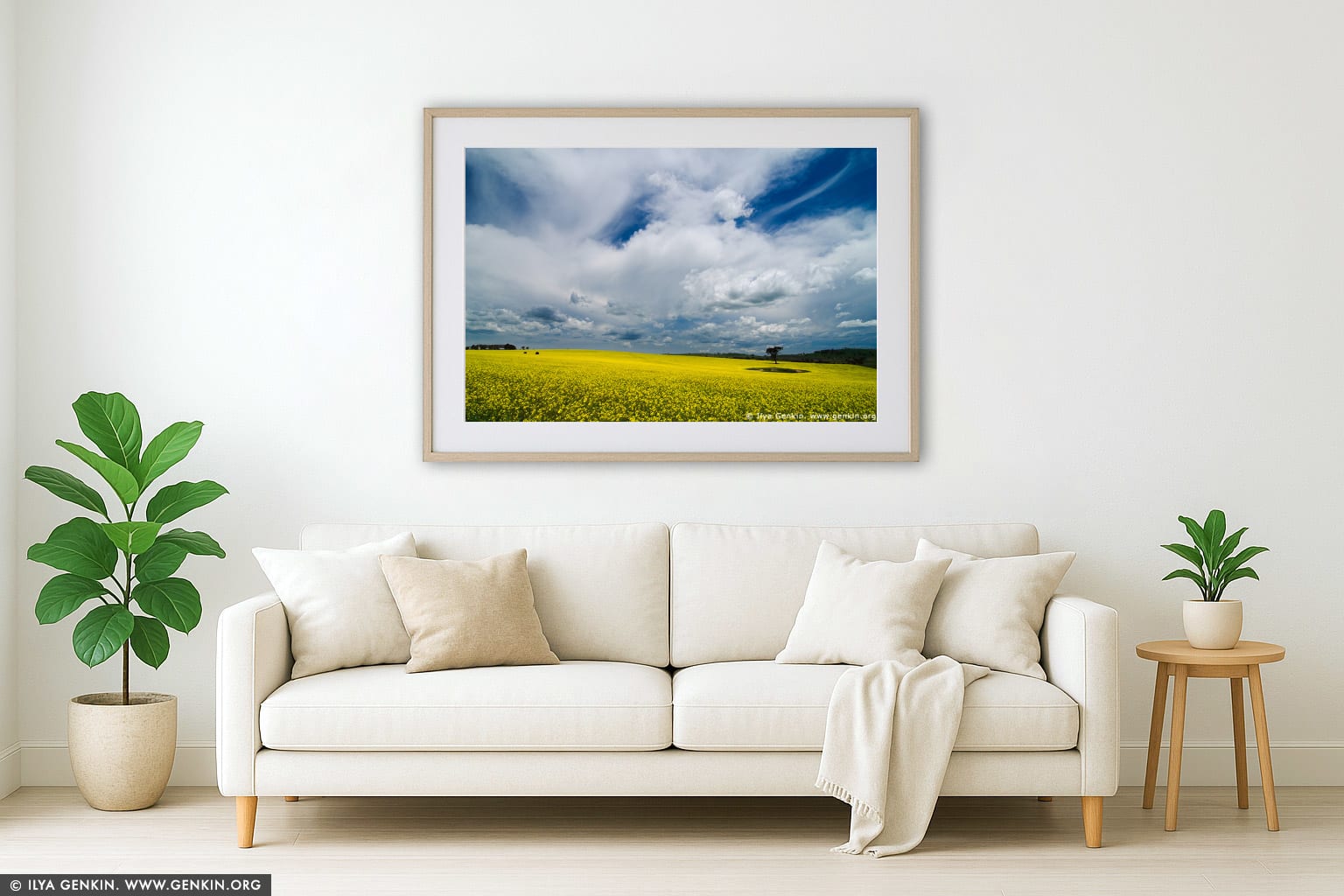 Field of Canola wall art in a modern living room interior