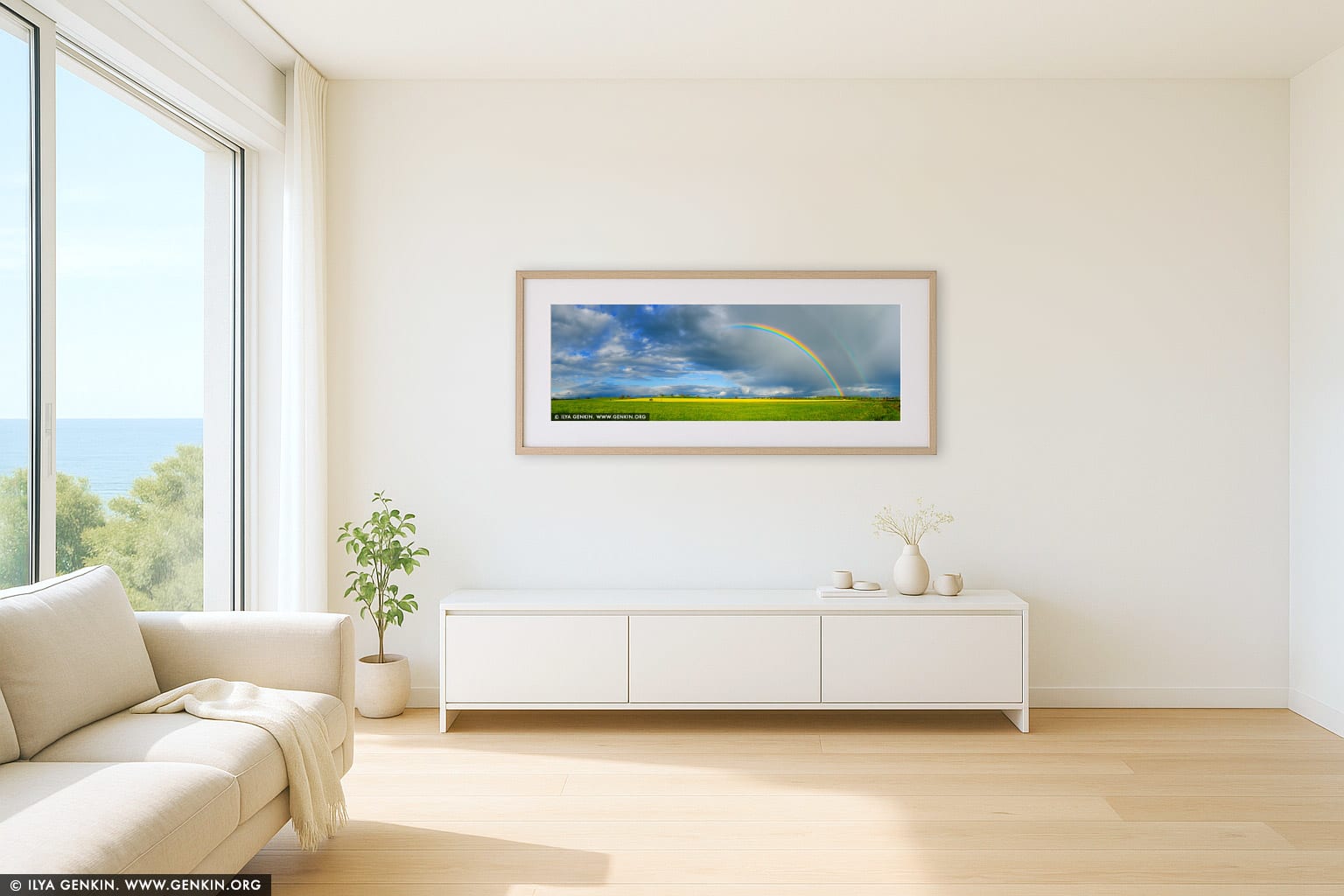 Double Rainbow over a Field of Canola wall art in a minimalist living room interior
