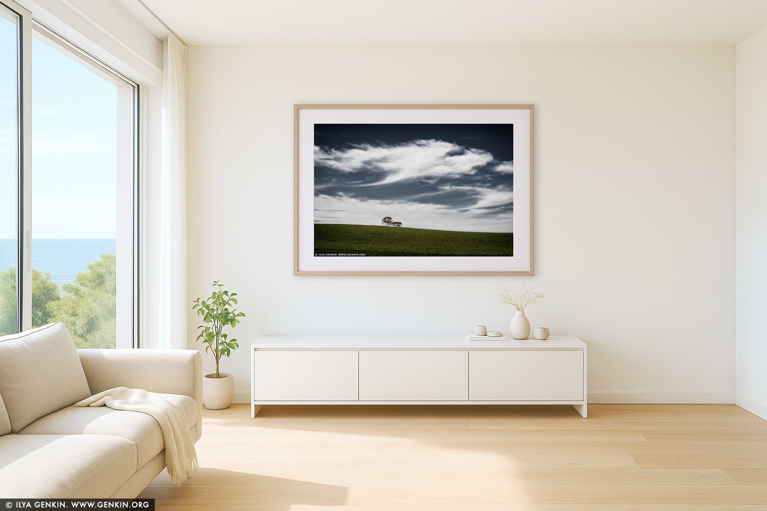 On Hill Top wall art in a minimalist living room interior