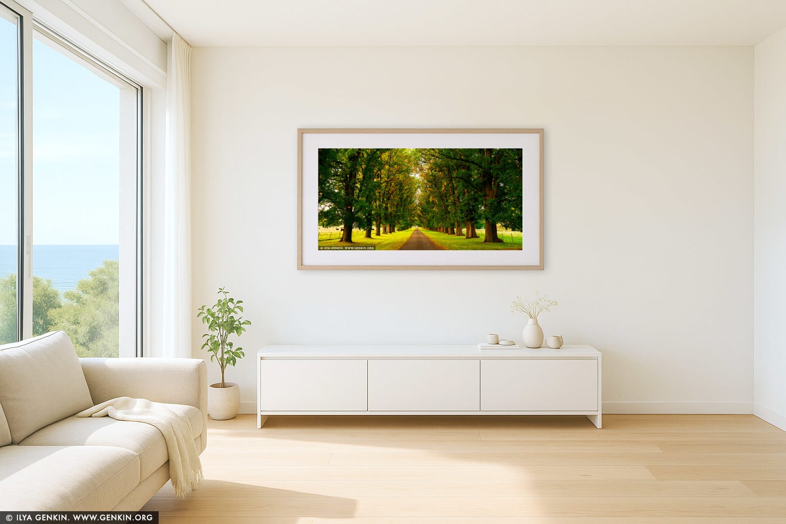 Elm Street at Sunset wall art in a contemporary living room interior