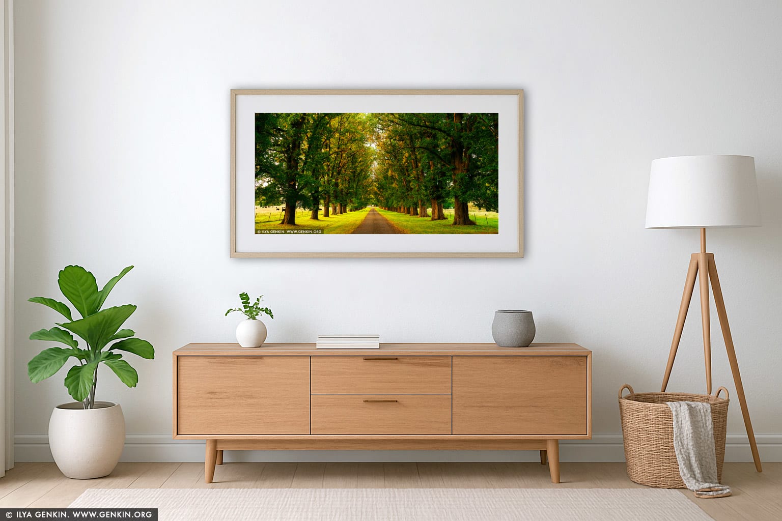 Elm Street at Sunset wall art in a minimalist living room interior