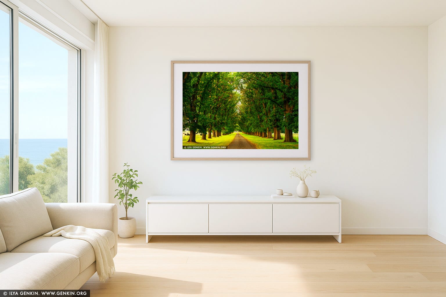 Elm Street at Sunset wall art in a minimalist living room interior