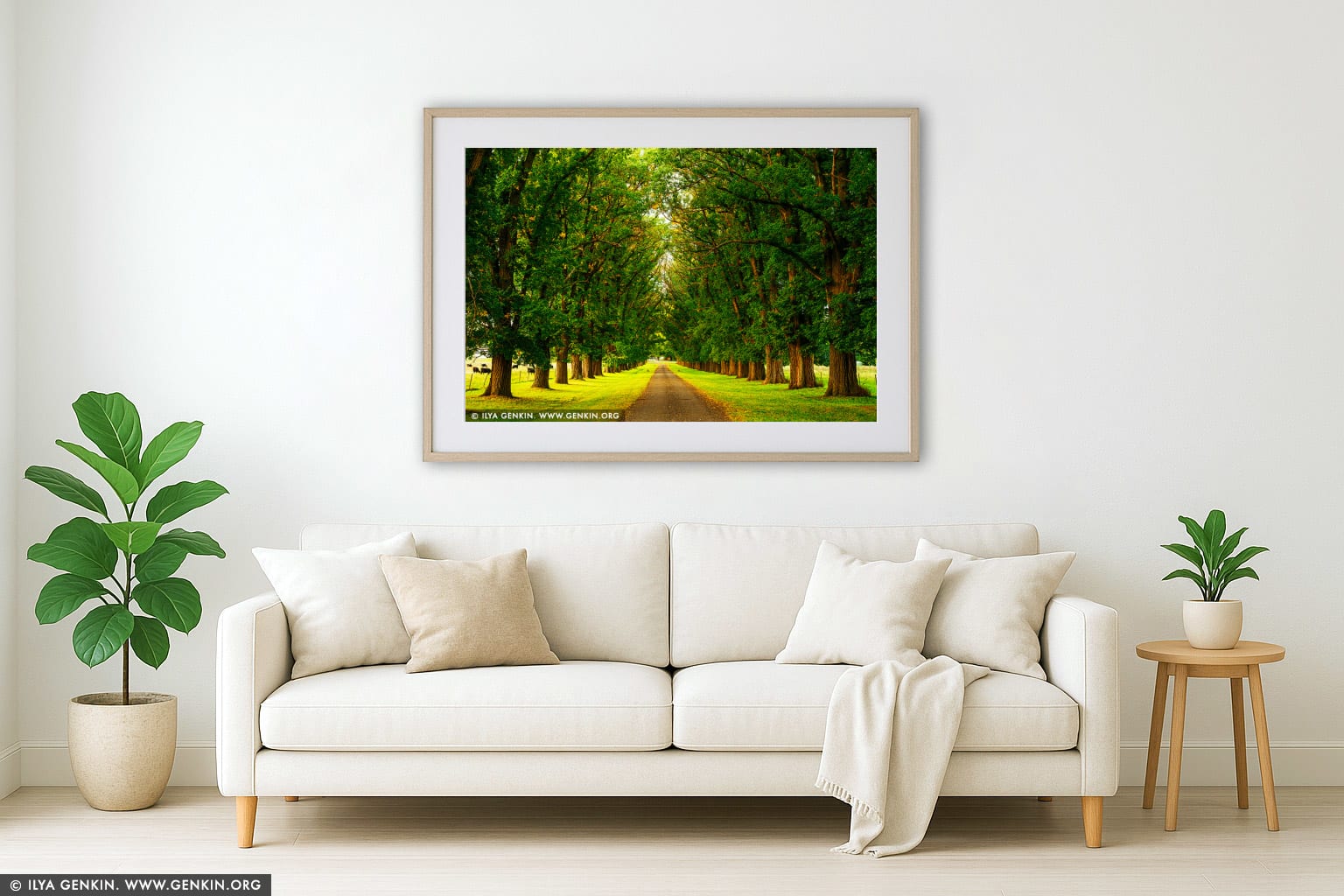 Elm Street at Sunset wall art in a contemporary living room interior