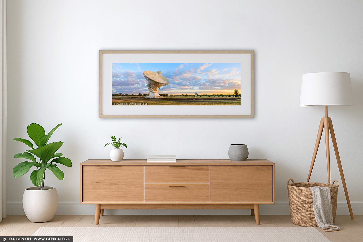 Australia Telescope Compact Array at Sunrise wall art in a minimalist living room interior