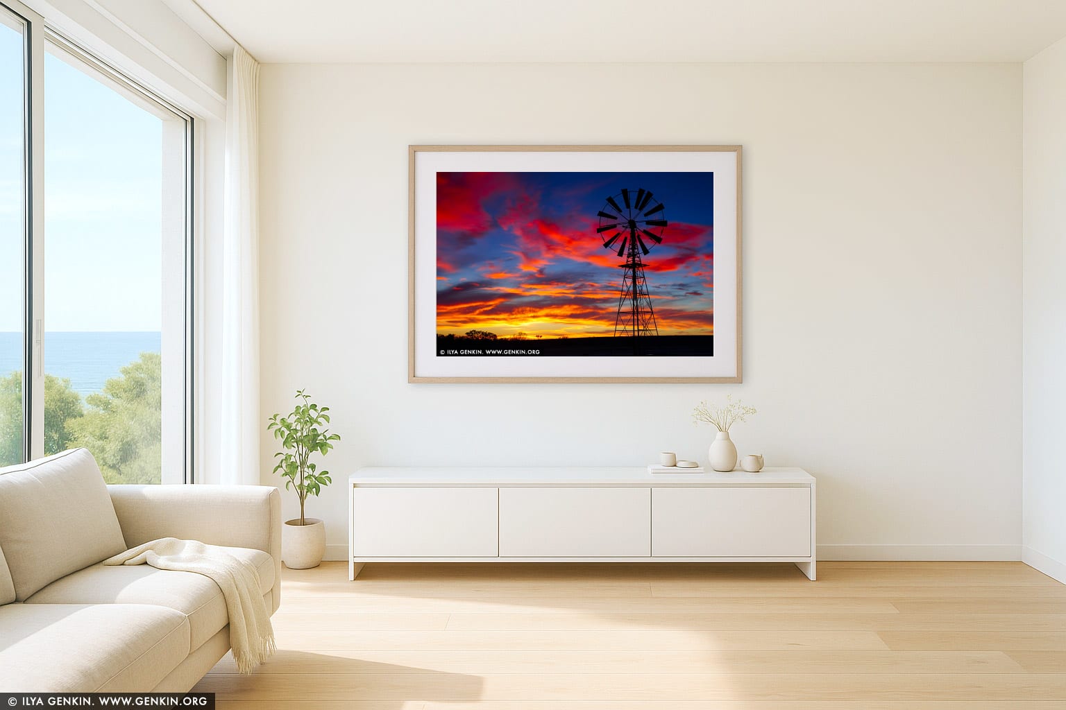 Windmill at Sunset wall art in a contemporary living room interior