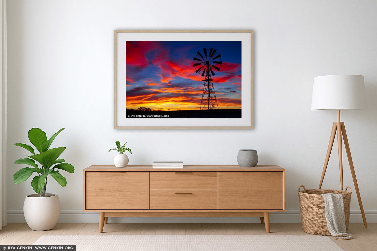 Windmill at Sunset wall art in a minimalist living room interior