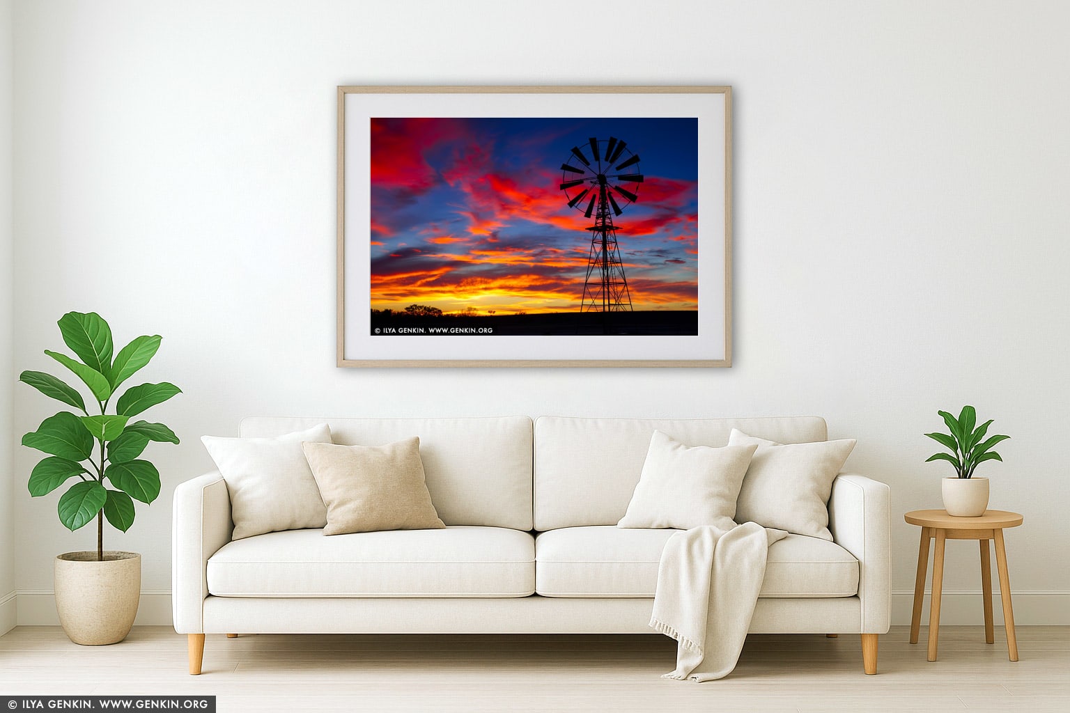 Windmill at Sunset wall art in a modern living room interior
