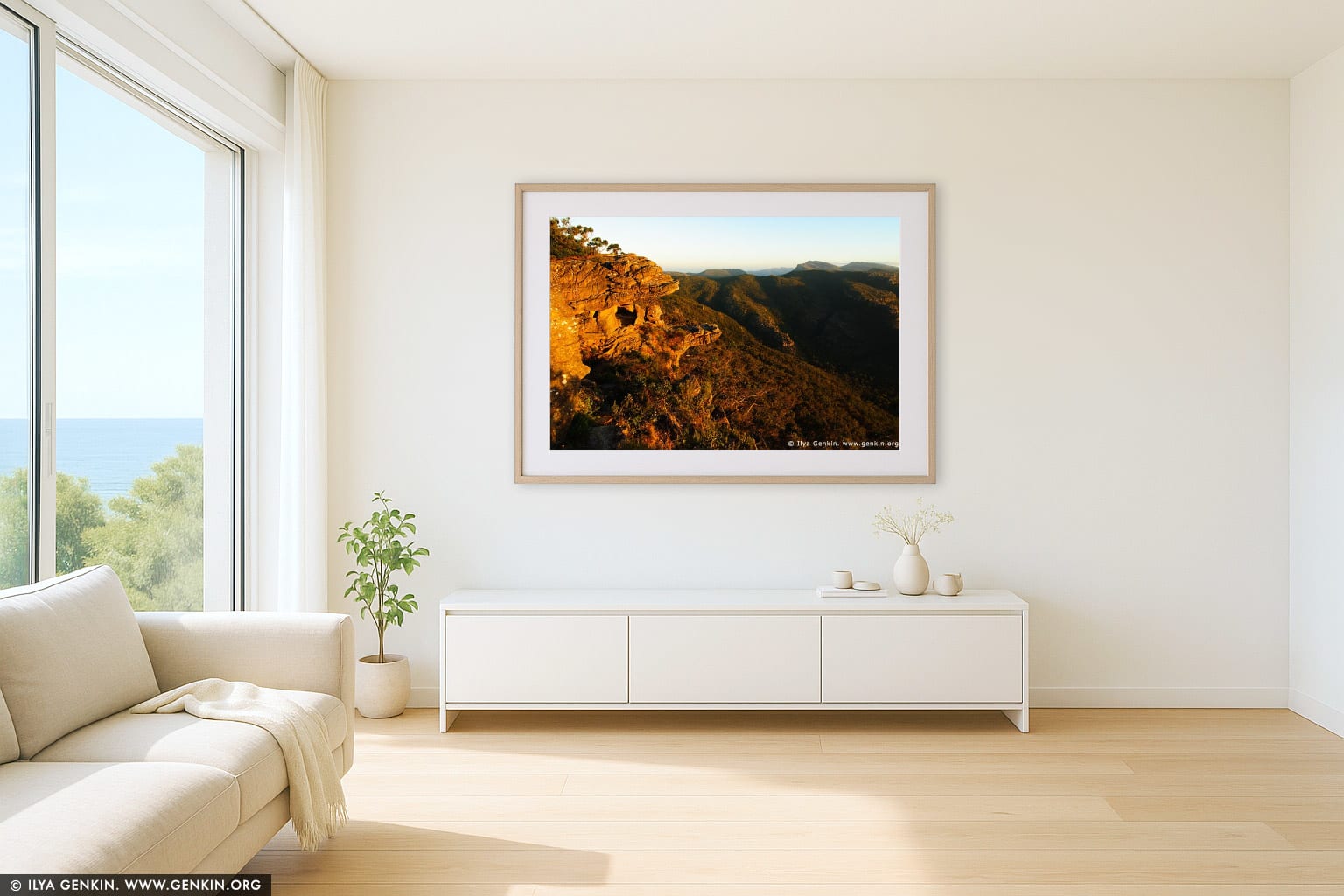 Sunset at the Balconies, Reed Lookout wall art in a contemporary living room interior