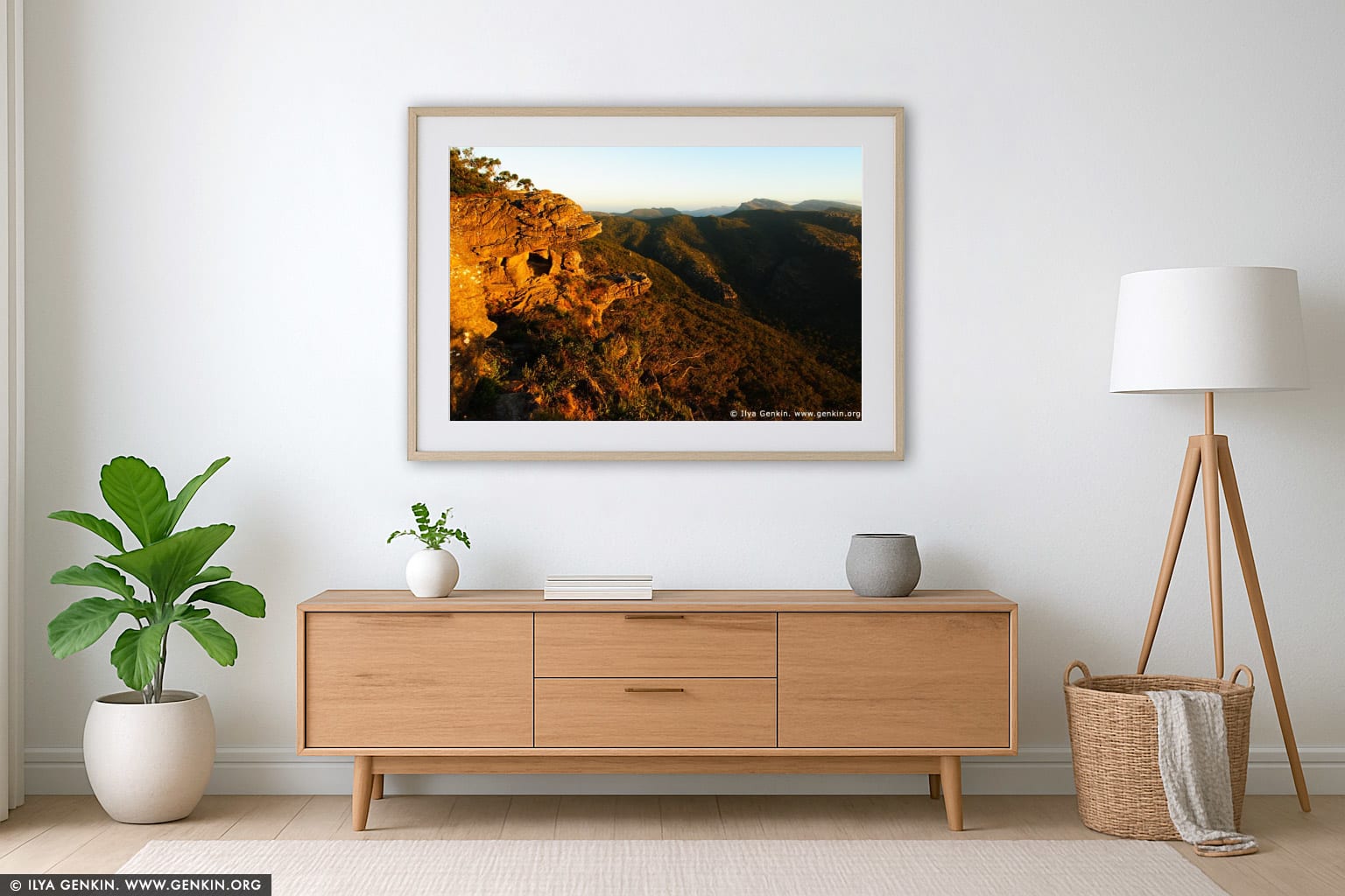 Sunset at the Balconies, Reed Lookout wall art in a minimalist living room interior