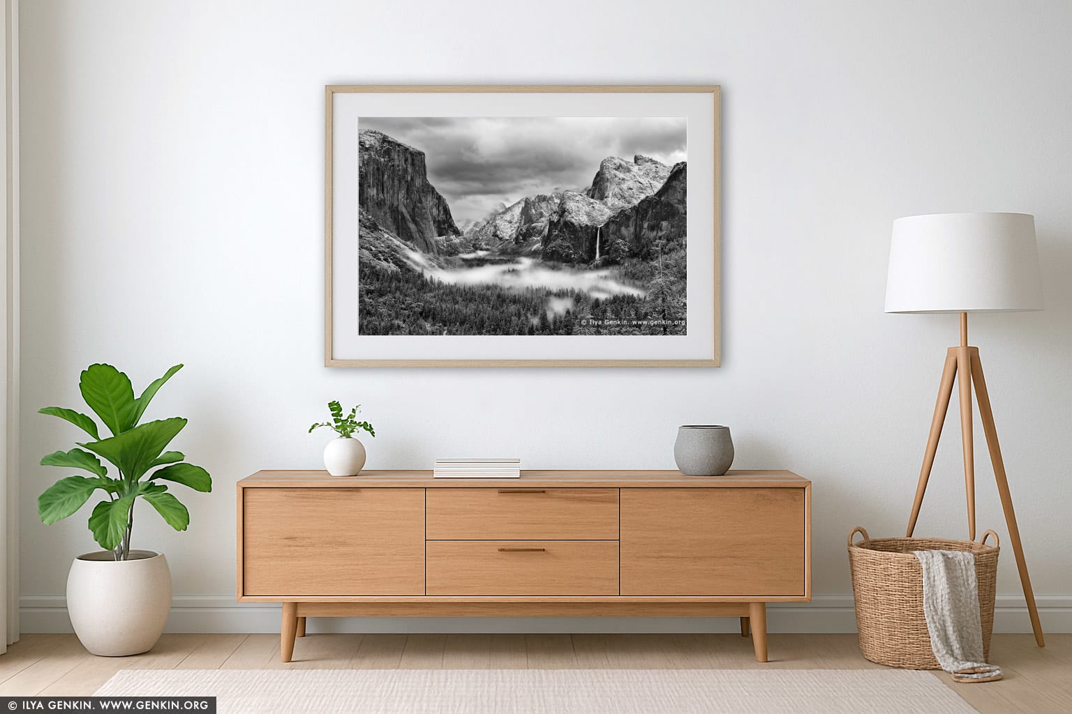 Yosemite Valley and Bridalveil Falls from Tunnel View wall art in a minimalist living room interior
