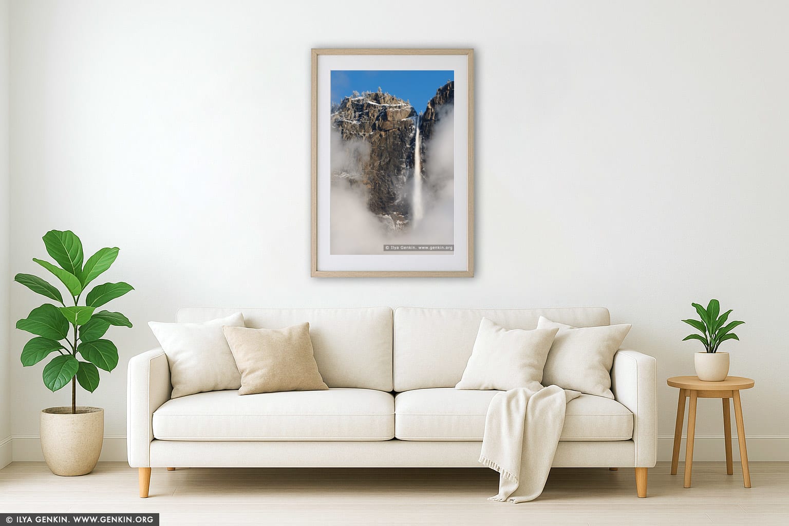 Upper Yosemite Falls in Clouds wall art in a contemporary living room interior