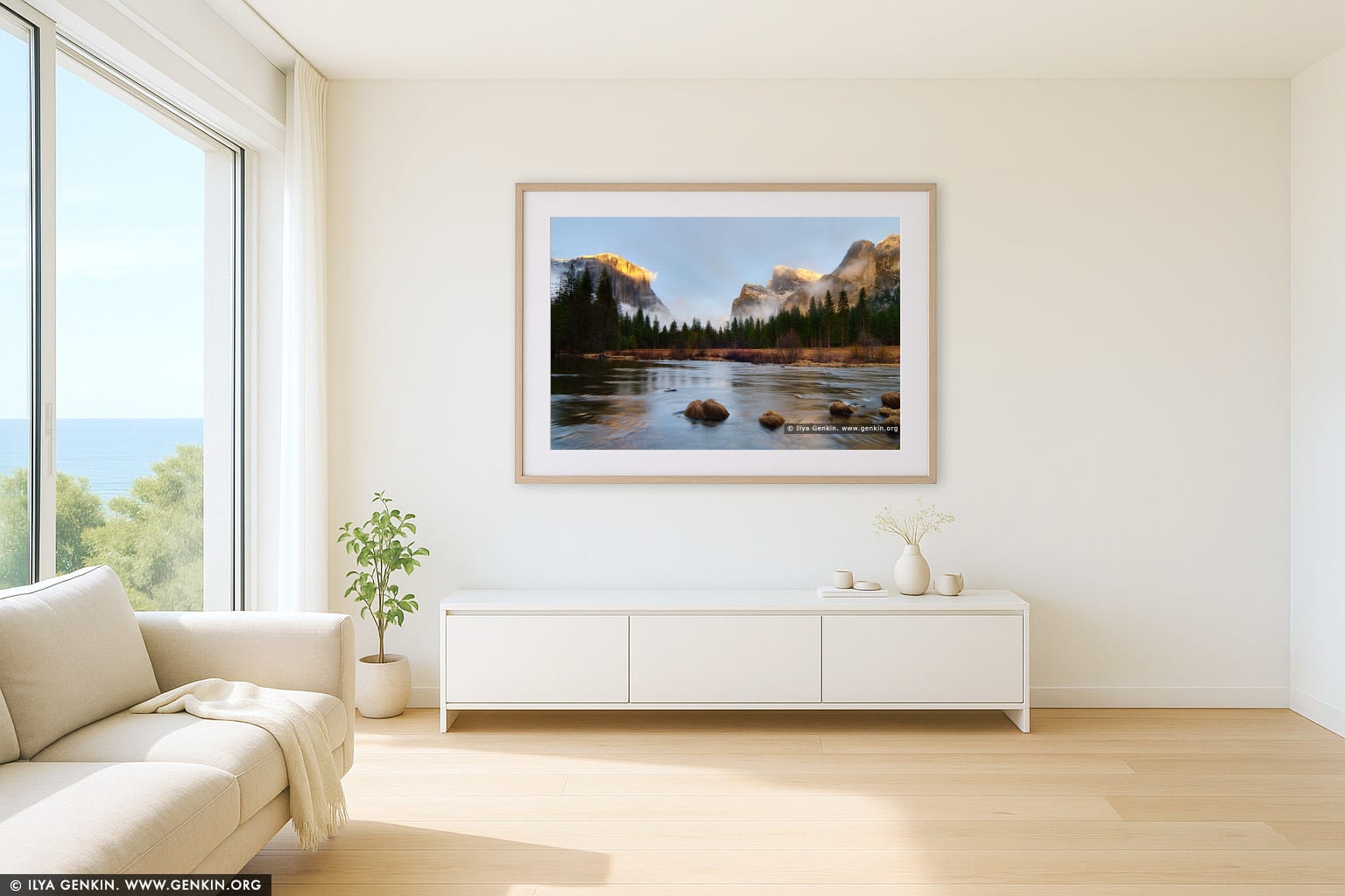 El Capitan Over the Merced River, Gates of the Valley wall art in a luxury living room interior