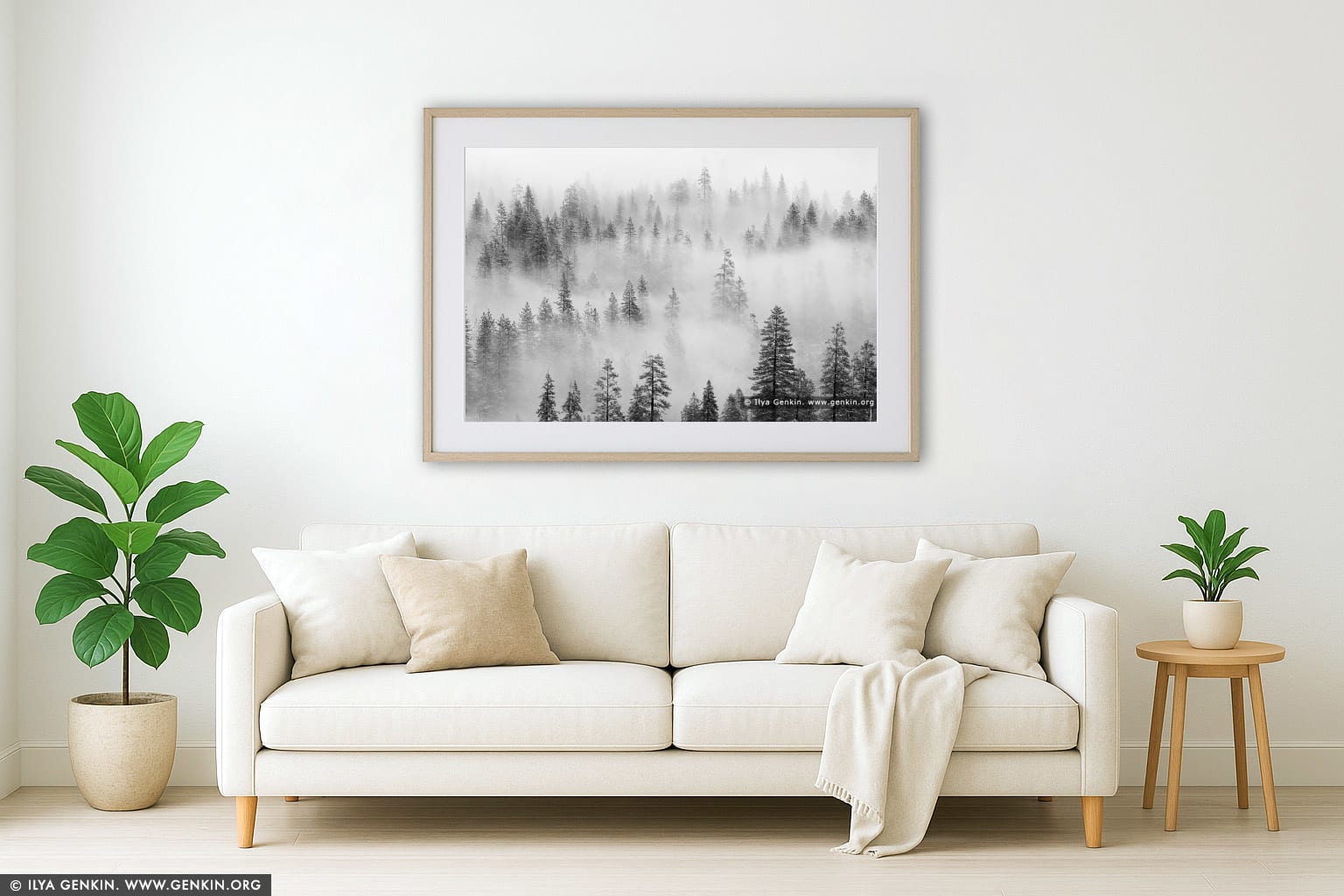 Pine Trees in Clouds After a Snow Storm wall art in a luxury living room interior