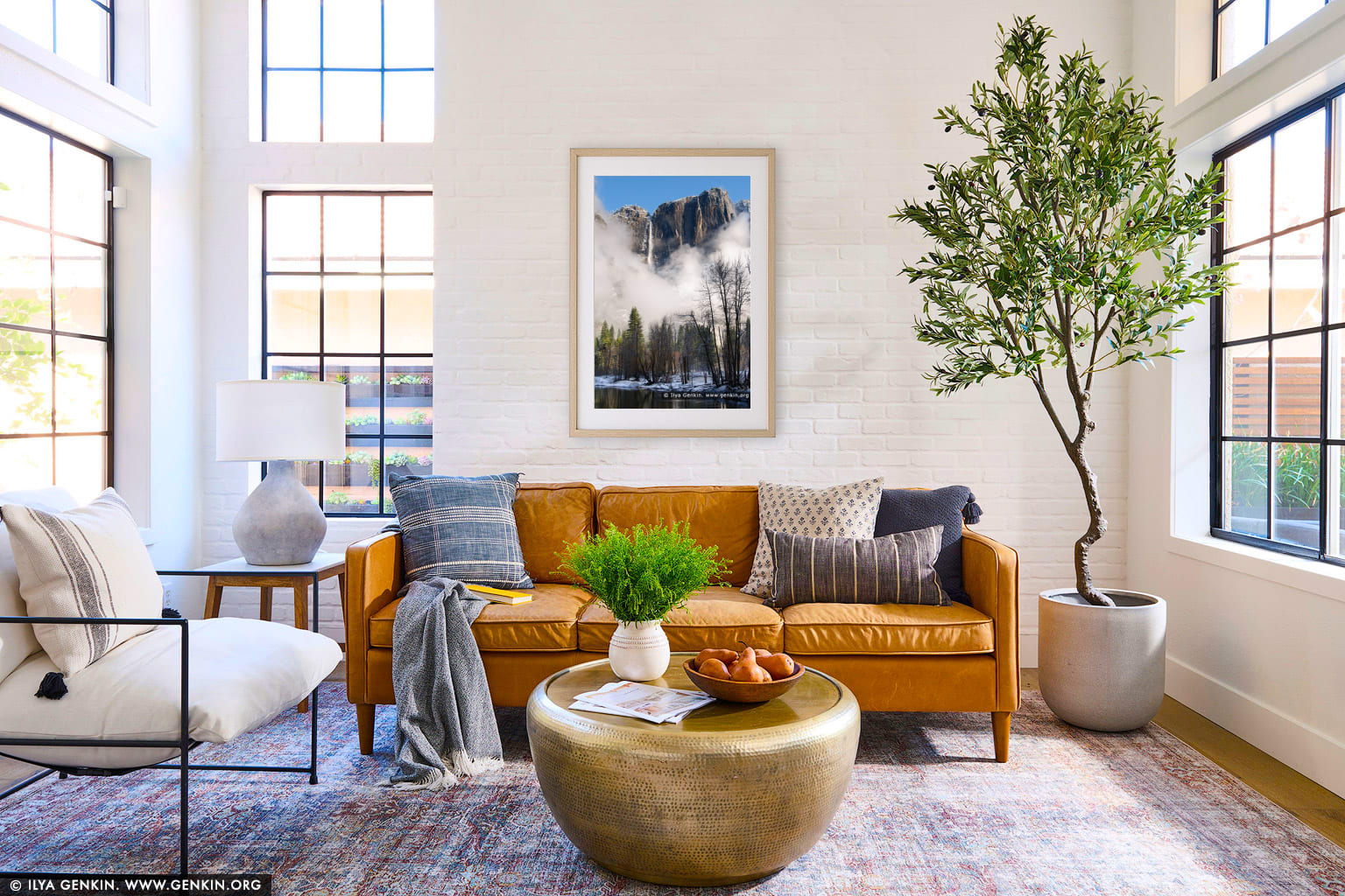 Upper Yosemite Falls and Merced River After a Spring Snow Storm wall art in a contemporary living room interior