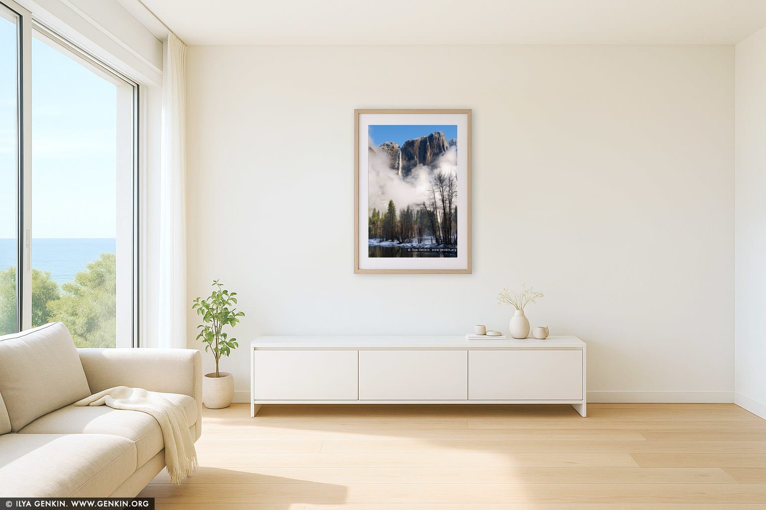 Upper Yosemite Falls and Merced River After a Spring Snow Storm wall art in a contemporary living room interior