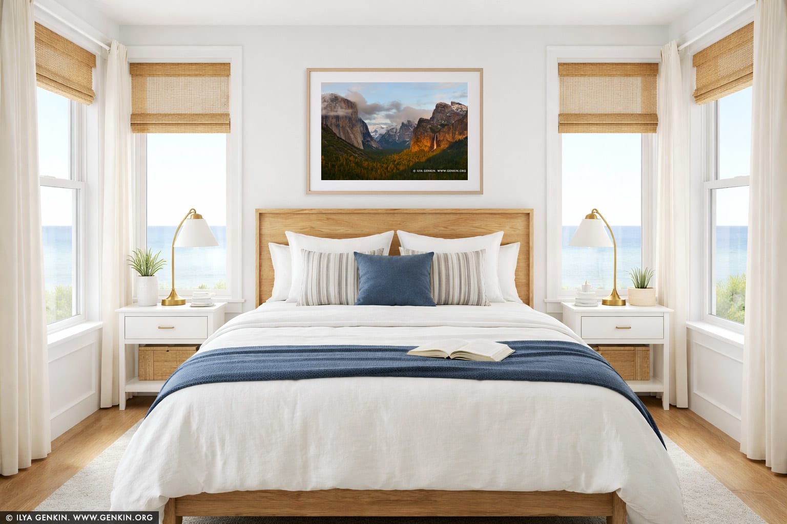Yosemite Valley and Bridalveil Falls at Sunset from Tunnel View wall art in a bedroom interior