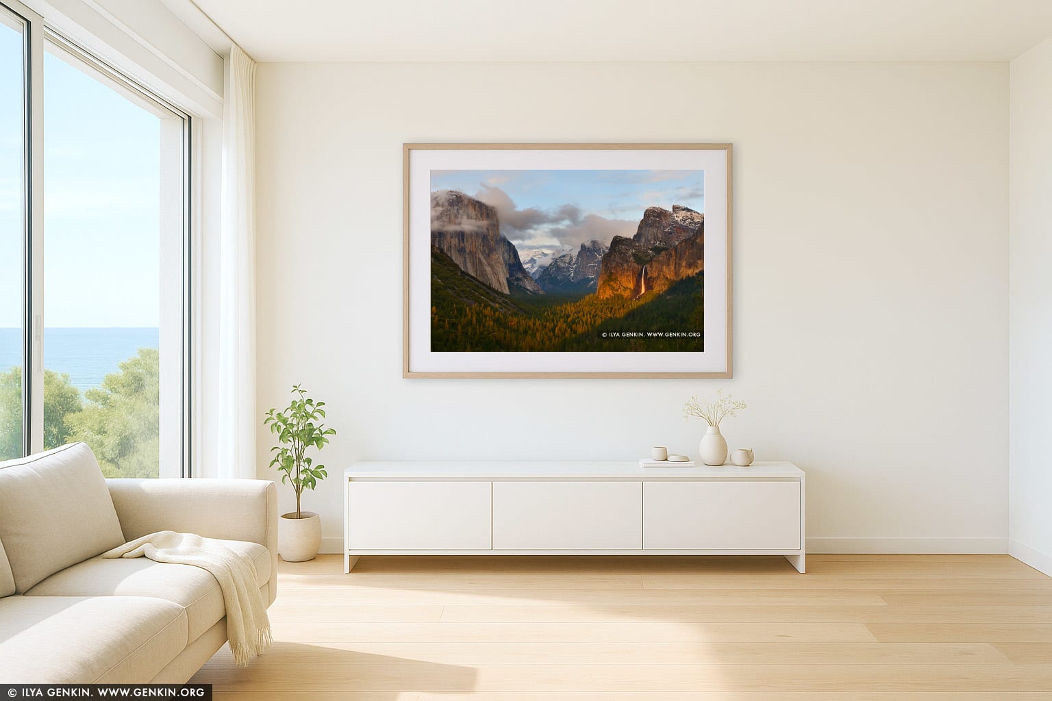 Yosemite Valley and Bridalveil Falls at Sunset from Tunnel View wall art in a modern living room interior