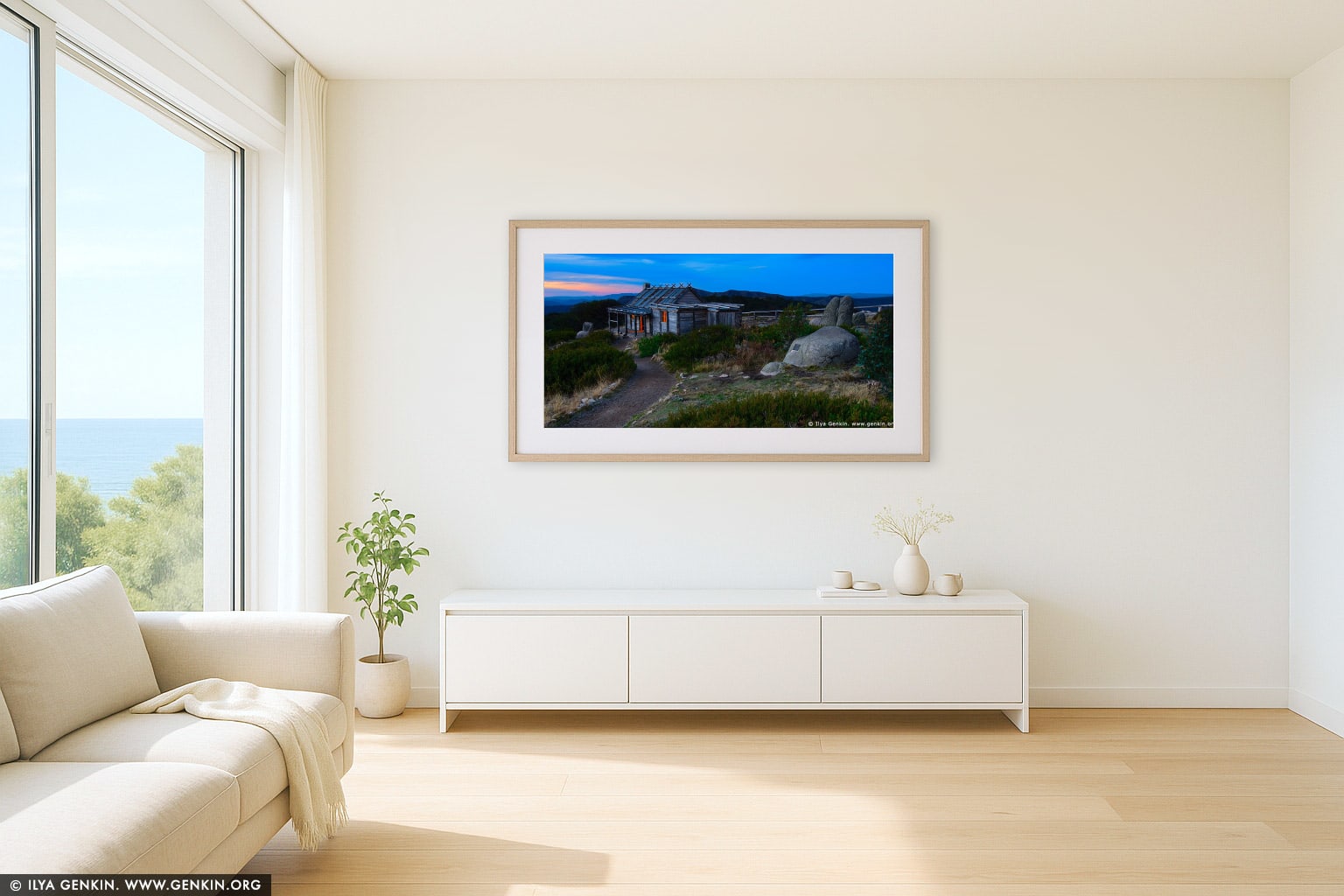 Craig's Hut at Night wall art in a minimalist living room interior