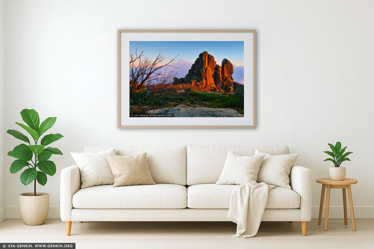 The Cathedral Rock at Sunrise wall art in a minimalist living room interior