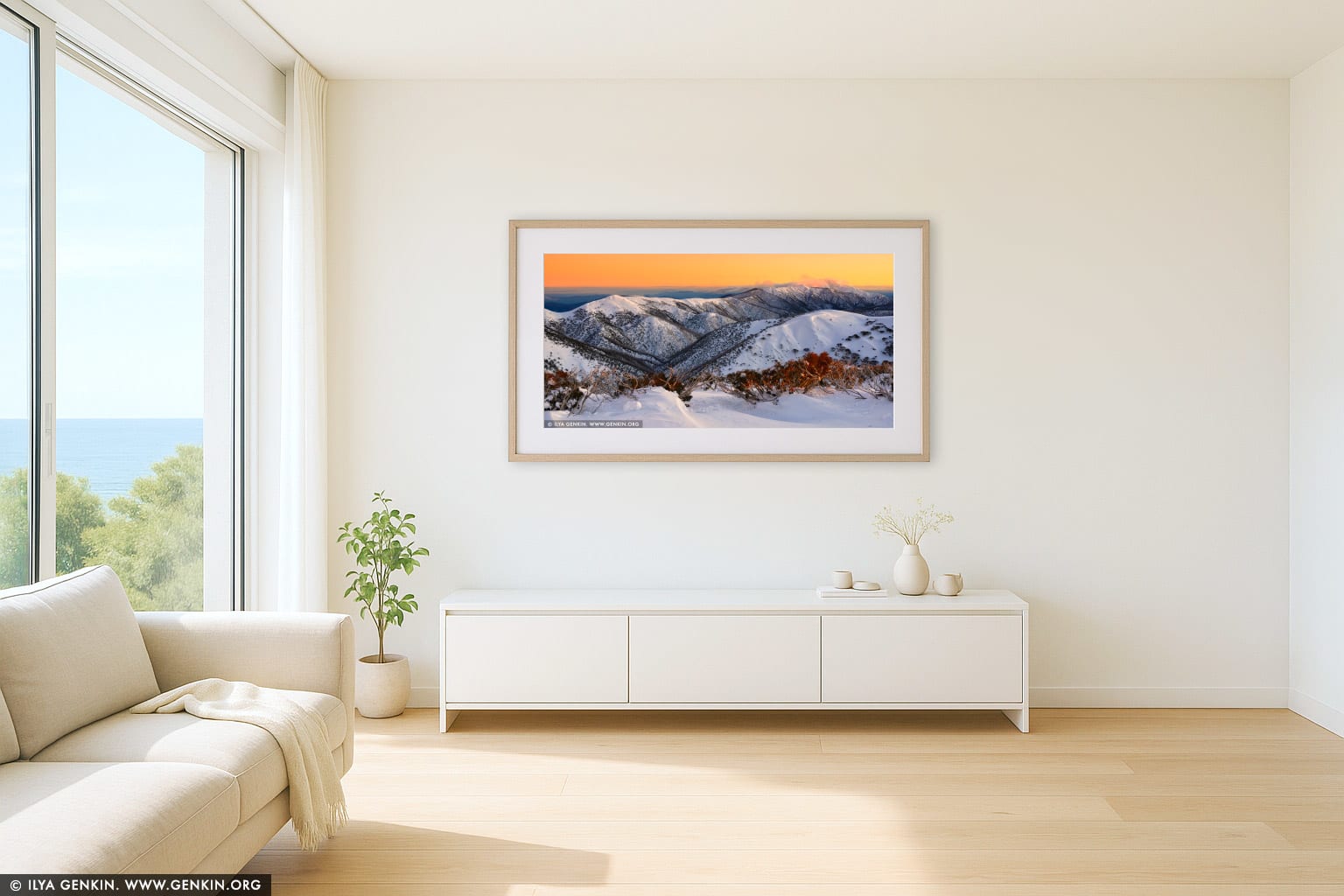 Mt Feathertop and The Razorback in Winter wall art in a minimalist living room interior