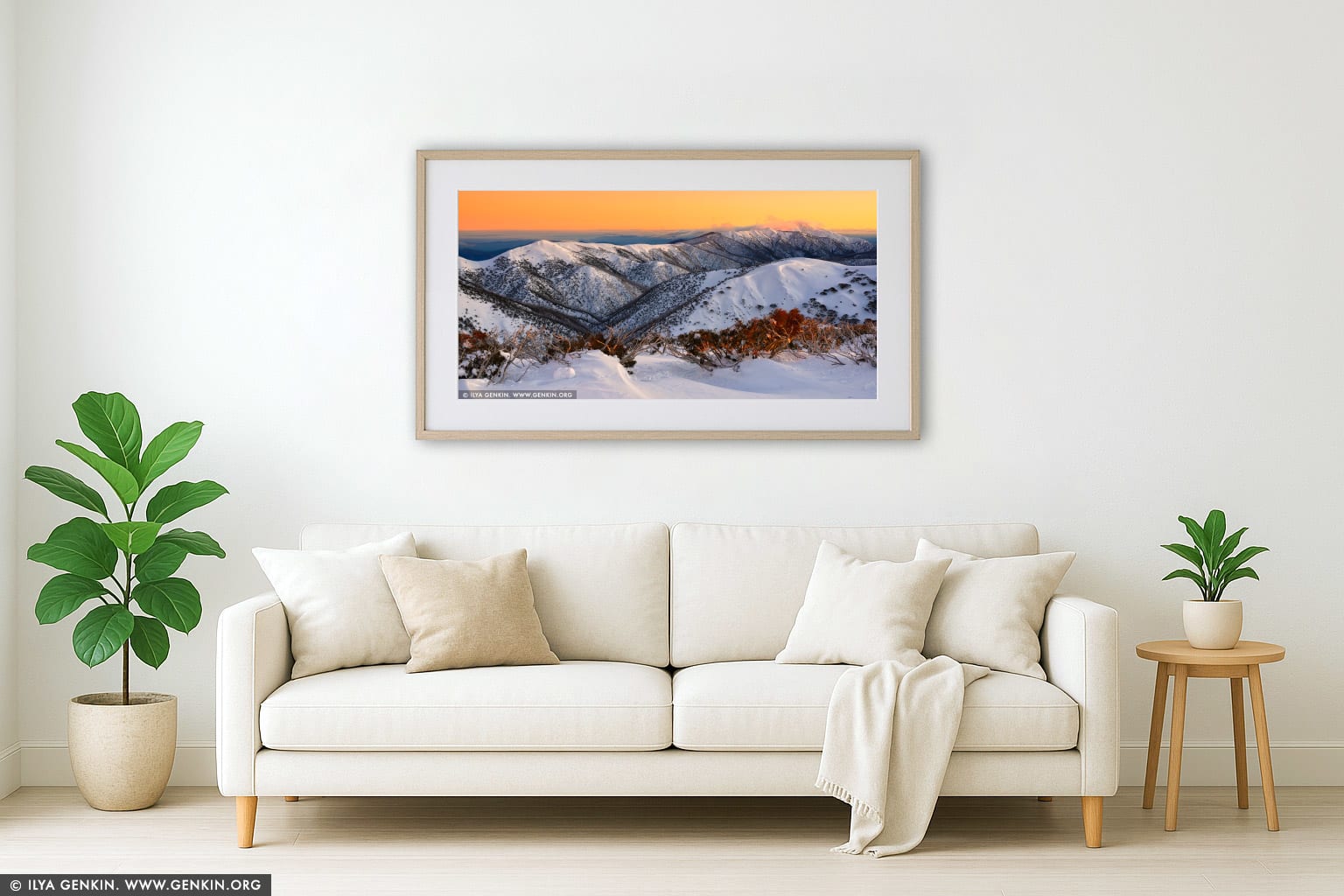 Mt Feathertop and The Razorback in Winter wall art in a contemporary living room interior