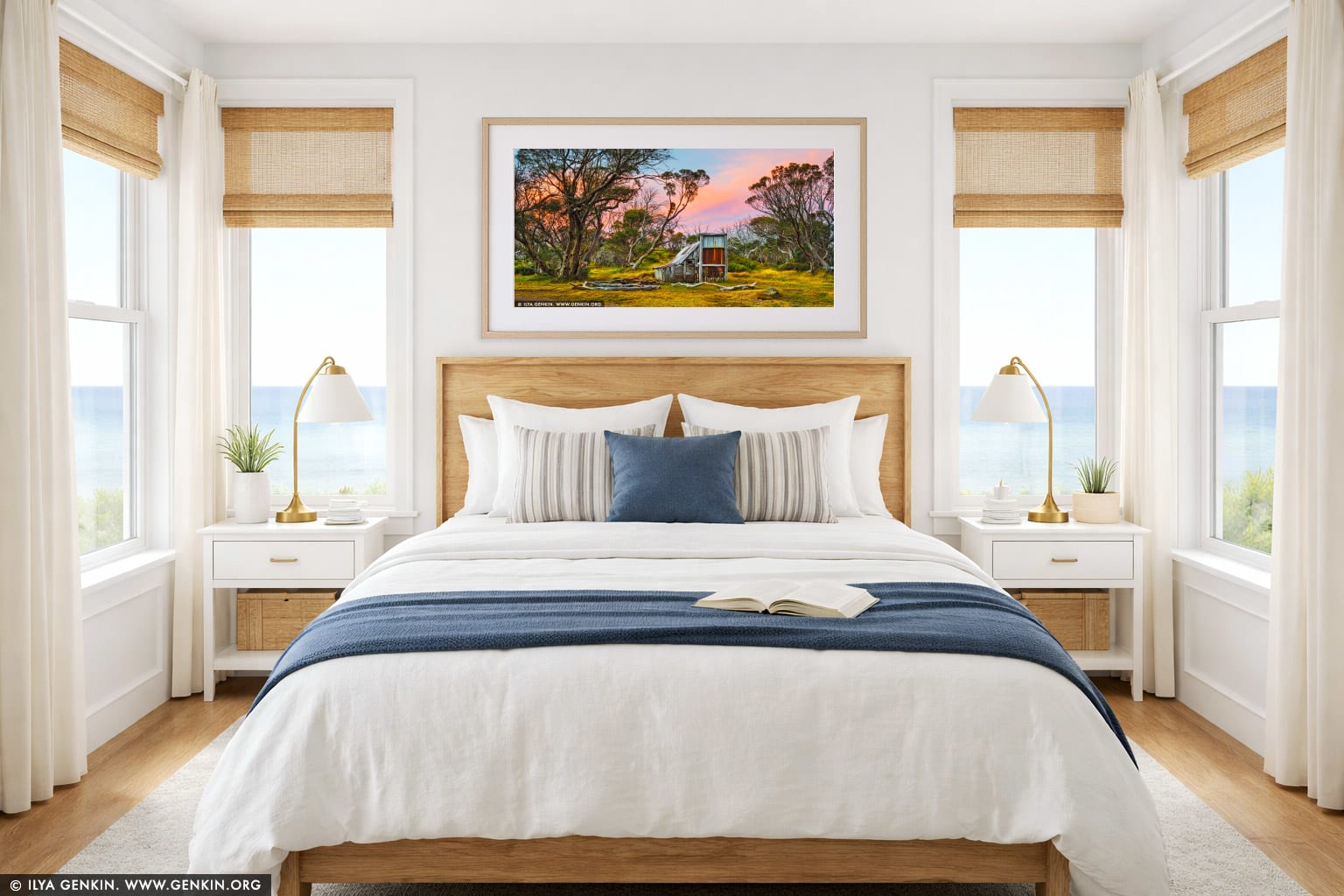 Wallace's Hut at Sunset wall art in a bedroom interior