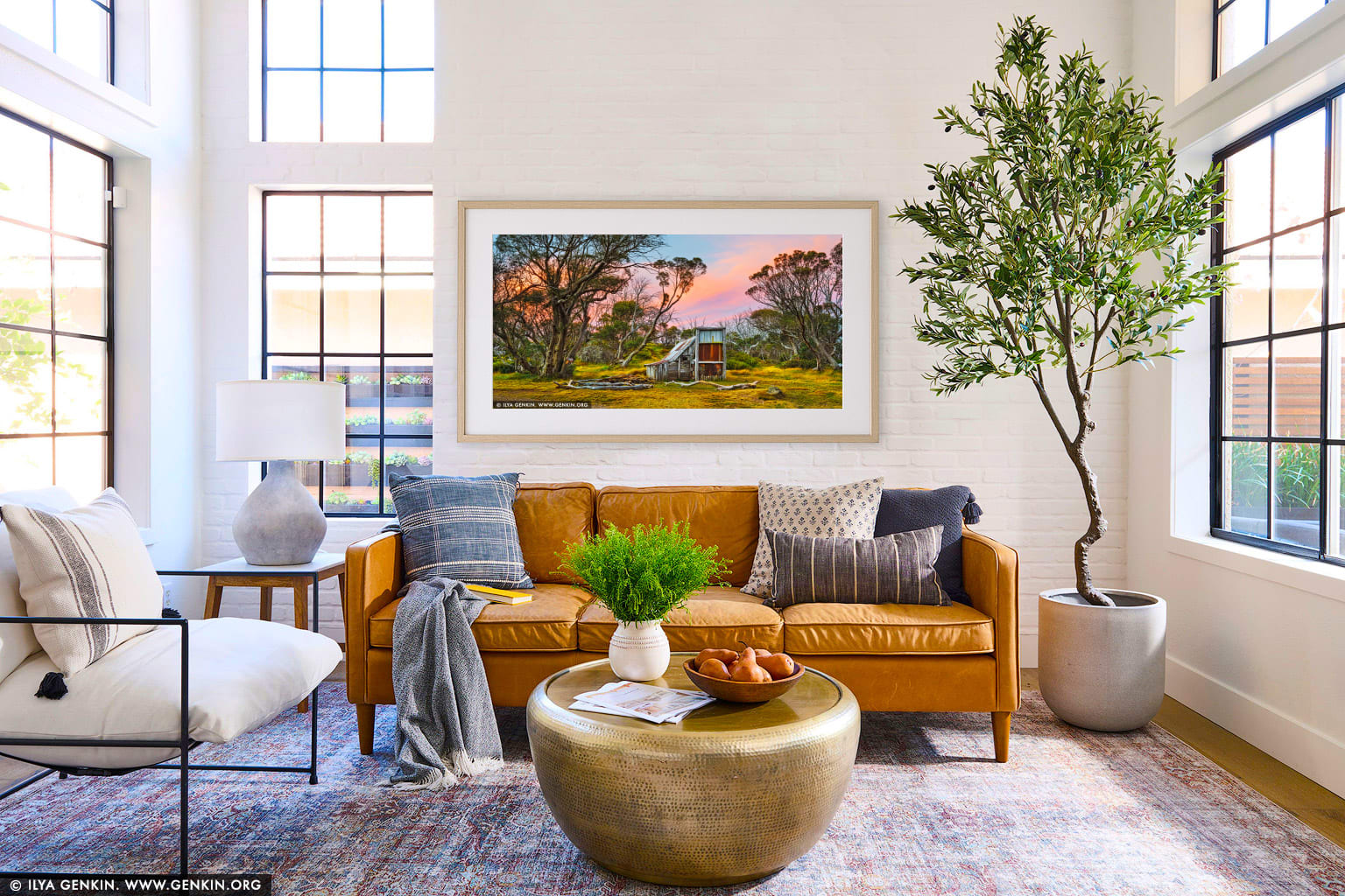 Wallace's Hut at Sunset wall art in a modern living room interior