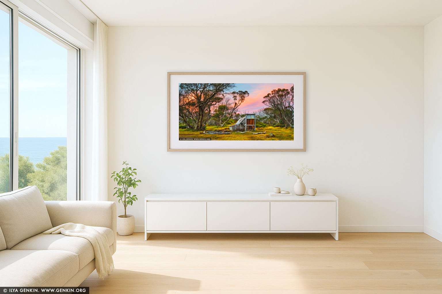 Wallace's Hut at Sunset wall art in a modern living room interior