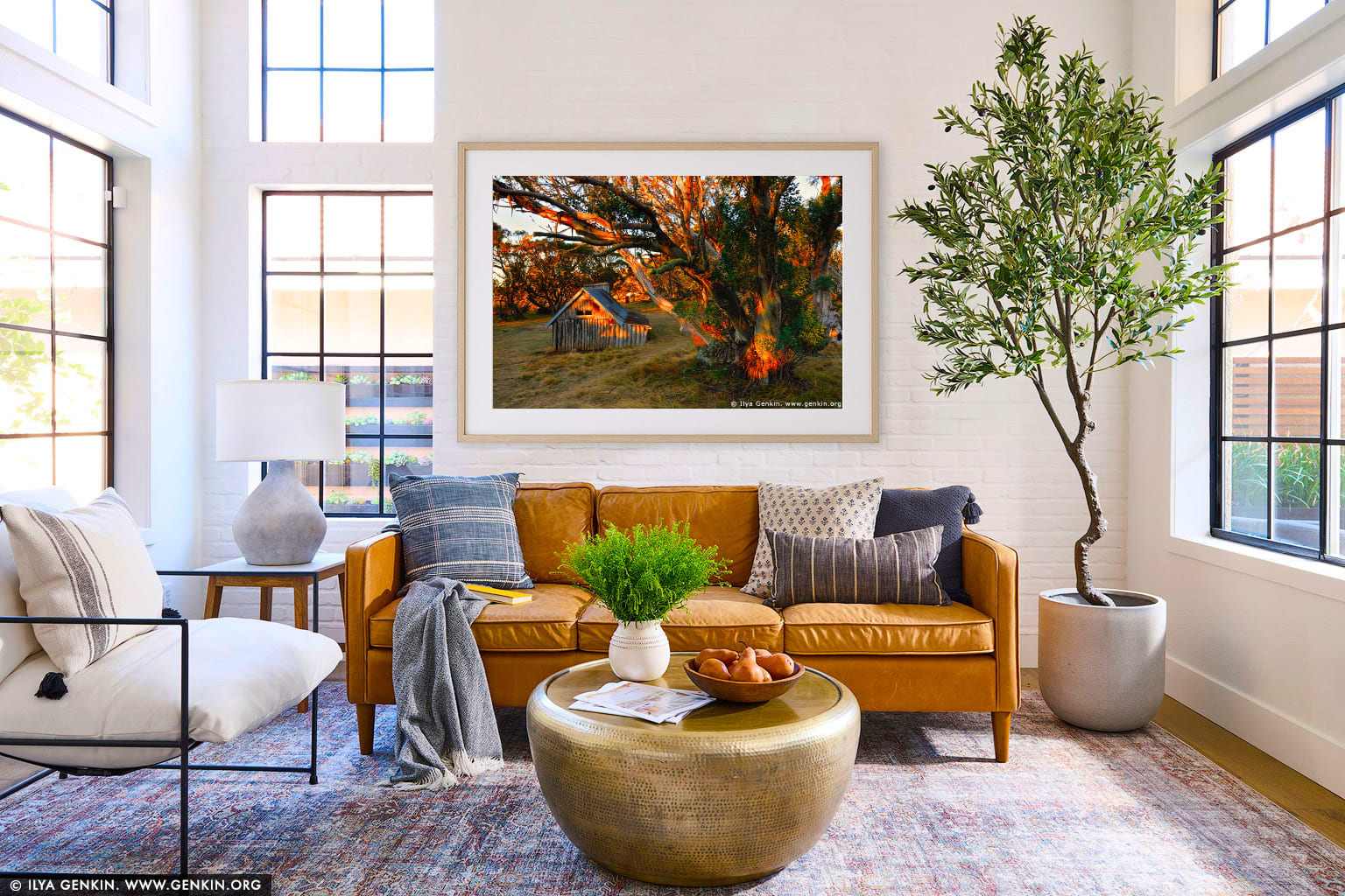 Wallace's Hut at Sunrise wall art in a minimalist living room interior