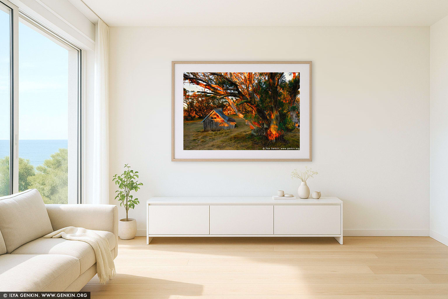 Wallace's Hut at Sunrise wall art in a minimalist living room interior