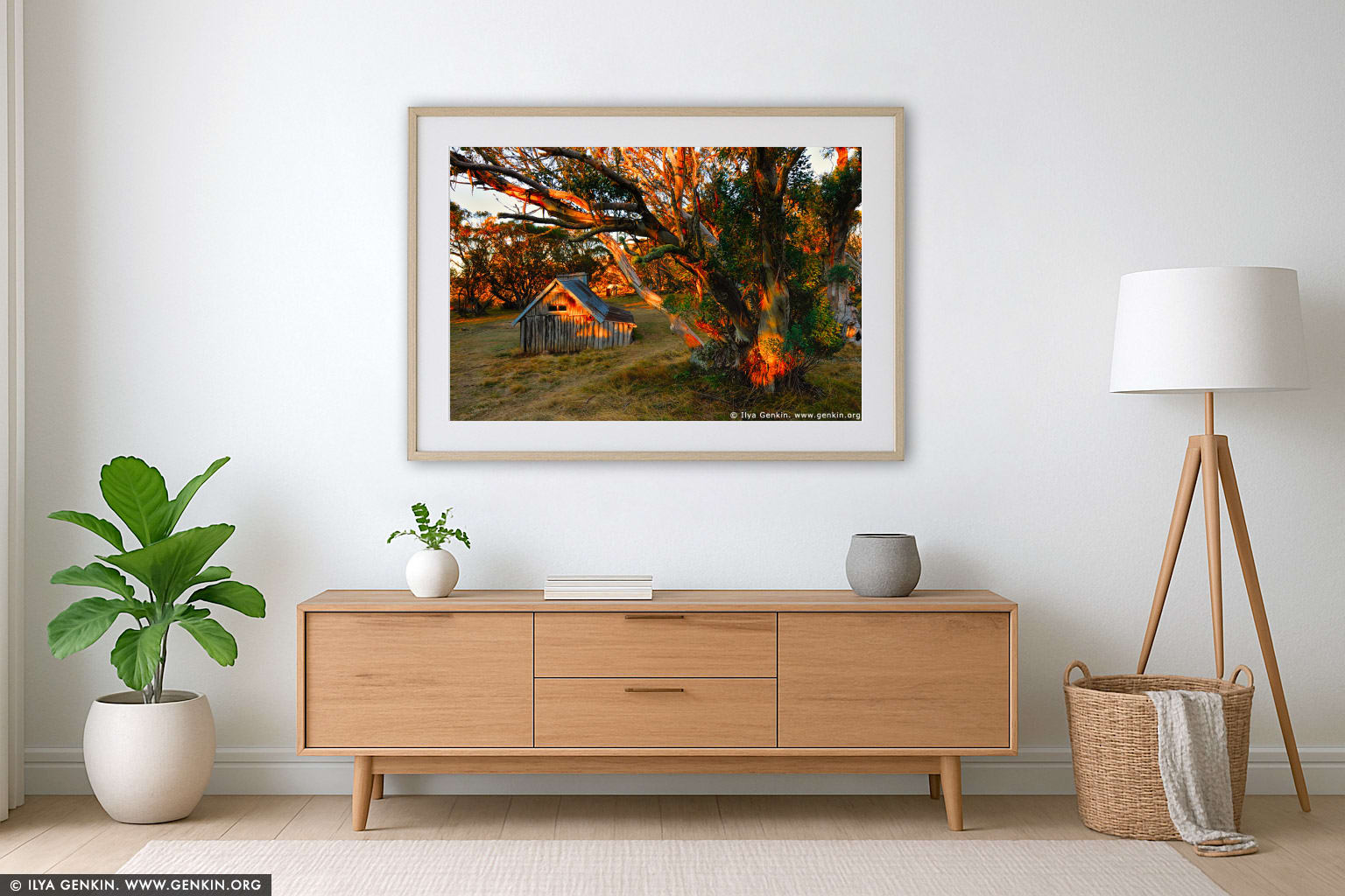 Wallace's Hut at Sunrise wall art in a luxury living room interior