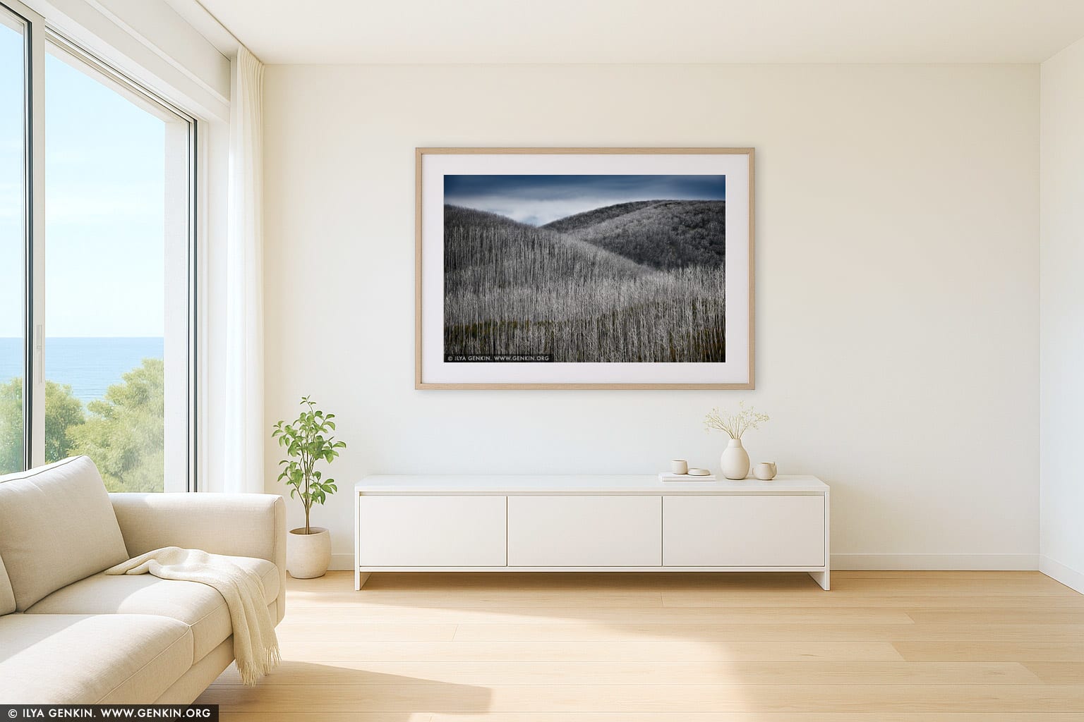Burnt Snow Gum Forest wall art in a modern living room interior