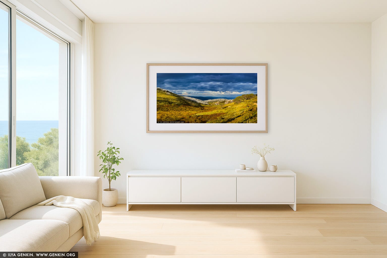 Alpine National Park at Dramatic Sunset wall art in a luxury living room interior