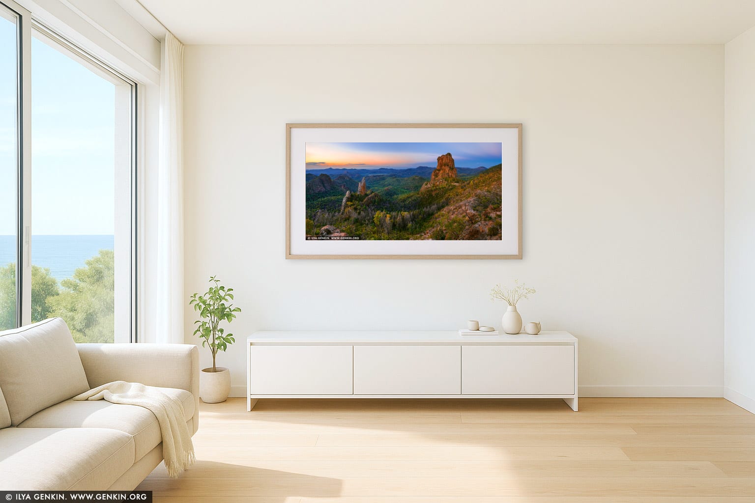 The Breadknife and Belougery Spire after Sunset wall art in a luxury living room interior