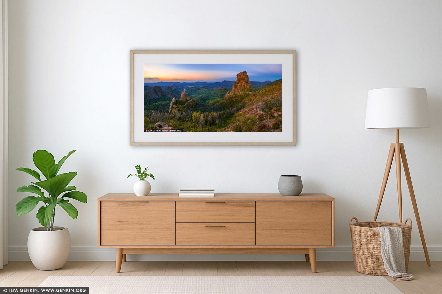 The Breadknife and Belougery Spire after Sunset wall art in a modern living room interior