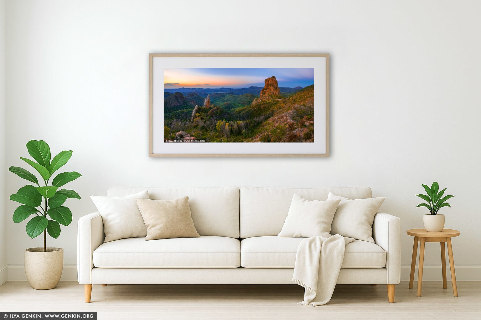 The Breadknife and Belougery Spire after Sunset wall art in a minimalist living room interior