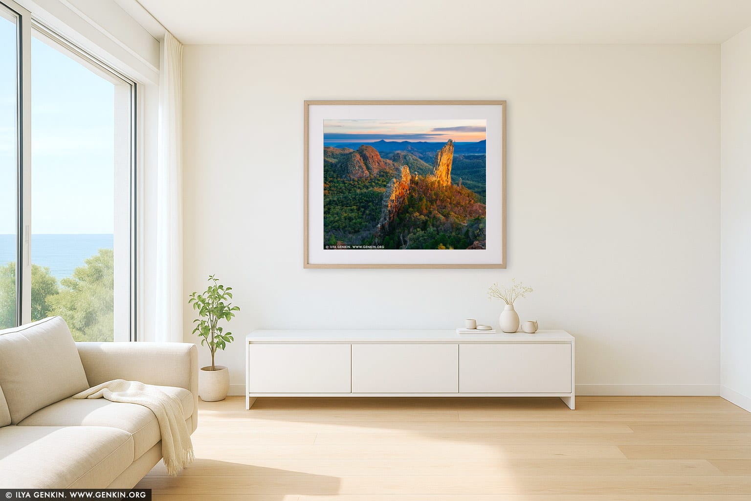 The Breadknife and Warrumbungles at Sunrise wall art in a modern living room interior