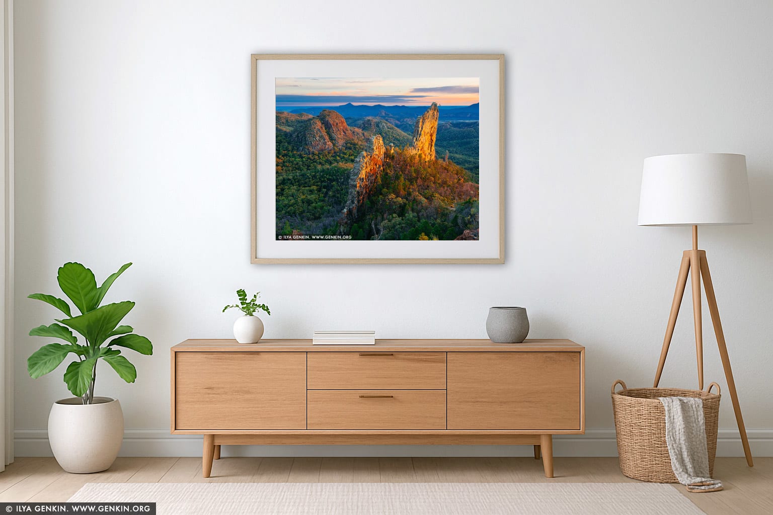 The Breadknife and Warrumbungles at Sunrise wall art in a contemporary living room interior