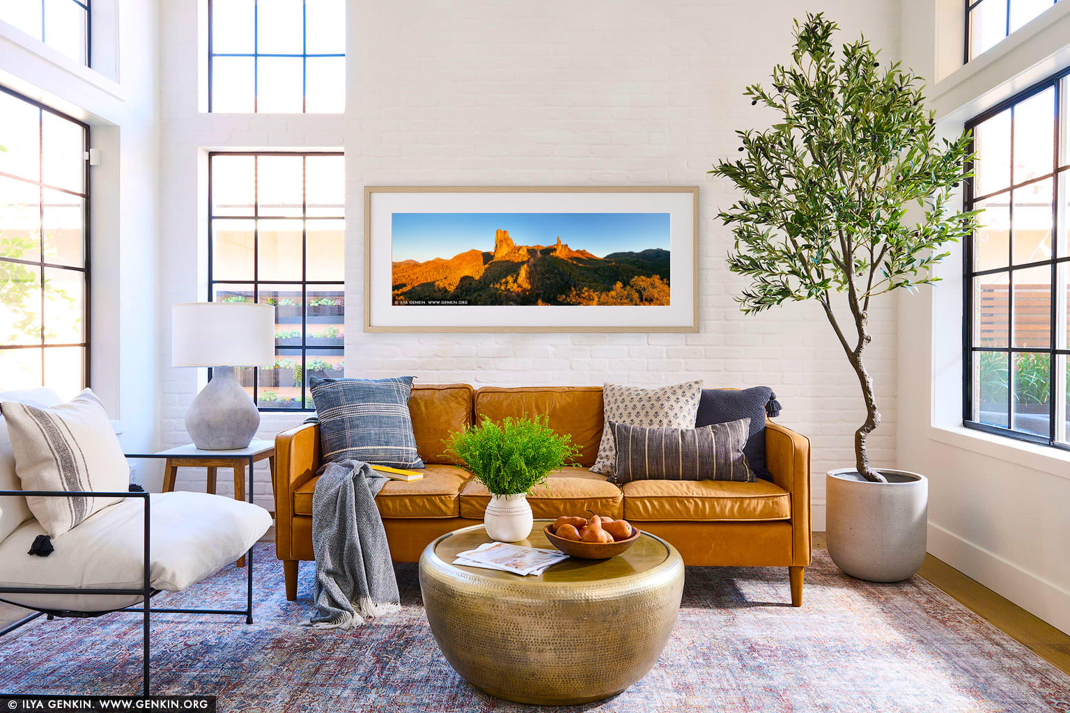 The Breadknife and Belougery Spire Panorama at Sunset wall art in a minimalist living room interior