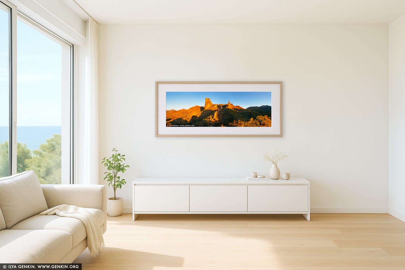The Breadknife and Belougery Spire Panorama at Sunset wall art in a minimalist living room interior