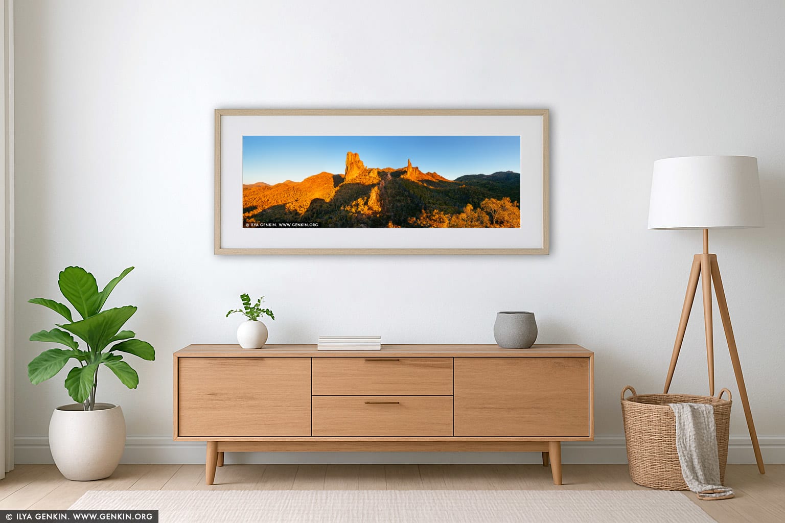 The Breadknife and Belougery Spire Panorama at Sunset wall art in a luxury living room interior
