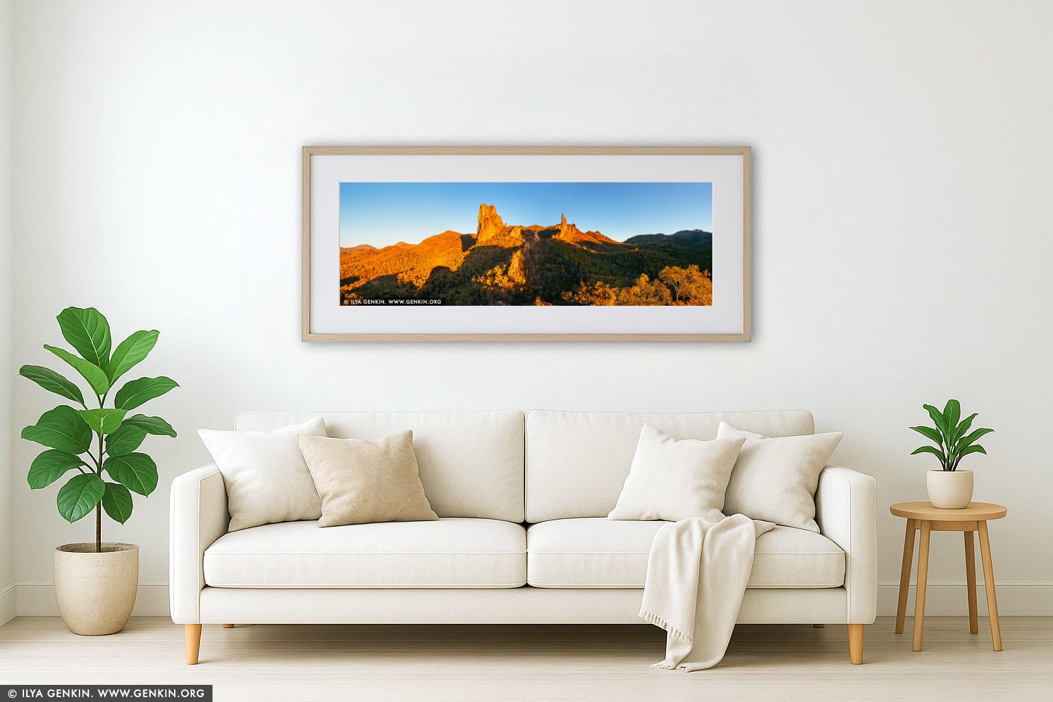 The Breadknife and Belougery Spire Panorama at Sunset wall art in a contemporary living room interior