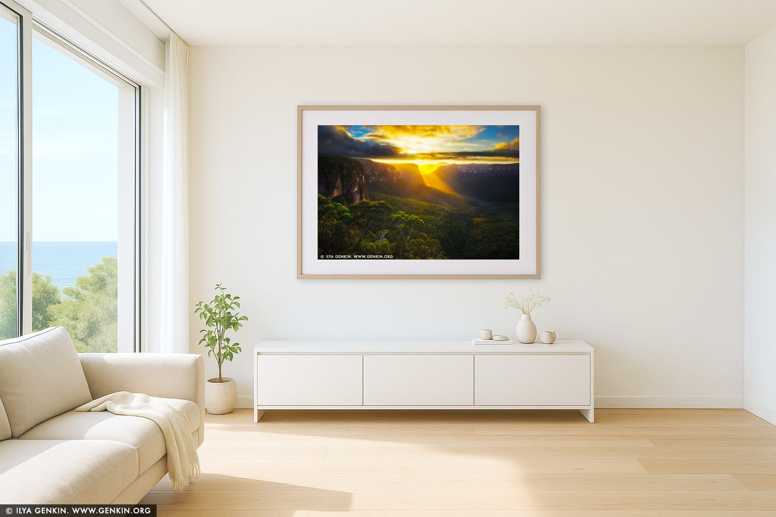 Beautiful Sunrise at Govett's Leap Lookout wall art in a luxury living room interior